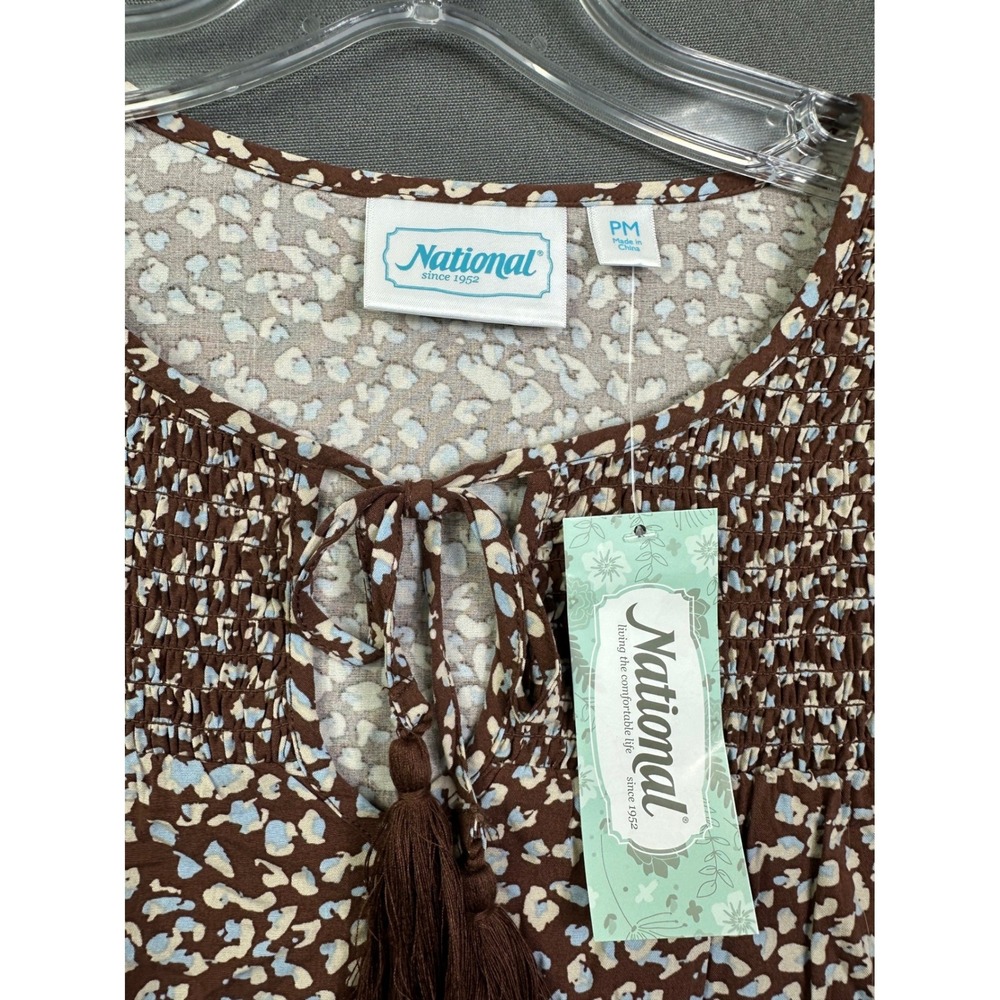 National Smocked Peasant Top Brown Blue Abstract Print Tassel PM women's
